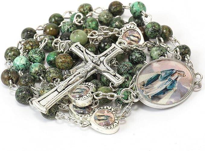 African Jasper Stone Beads Rosary Necklace with Miraculous Epoxy Heart Metal Beads - Nazareth Store