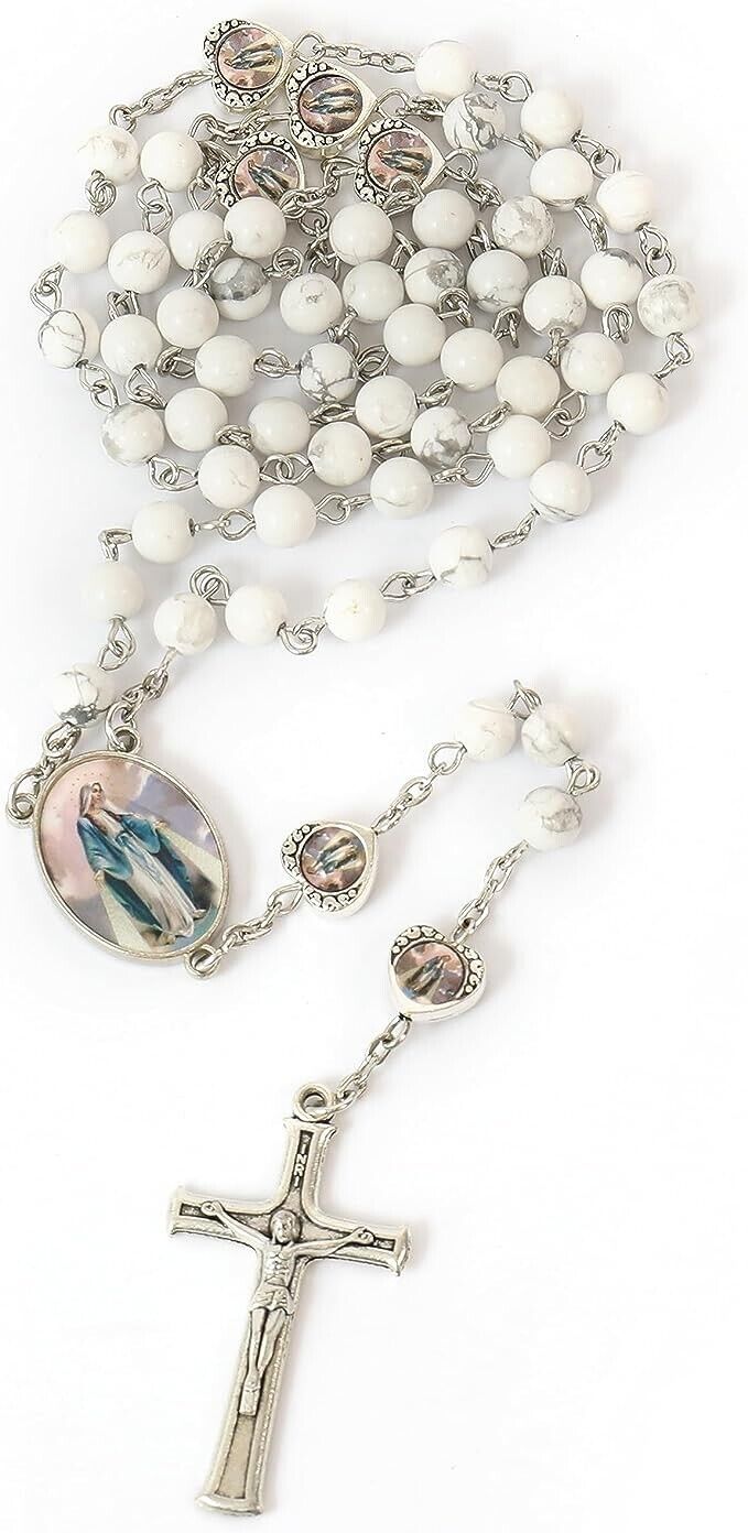 Howlite Stone Beads with Miraculous Epoxy Heart Metal Beads Rosary Necklace Nazareth Store
