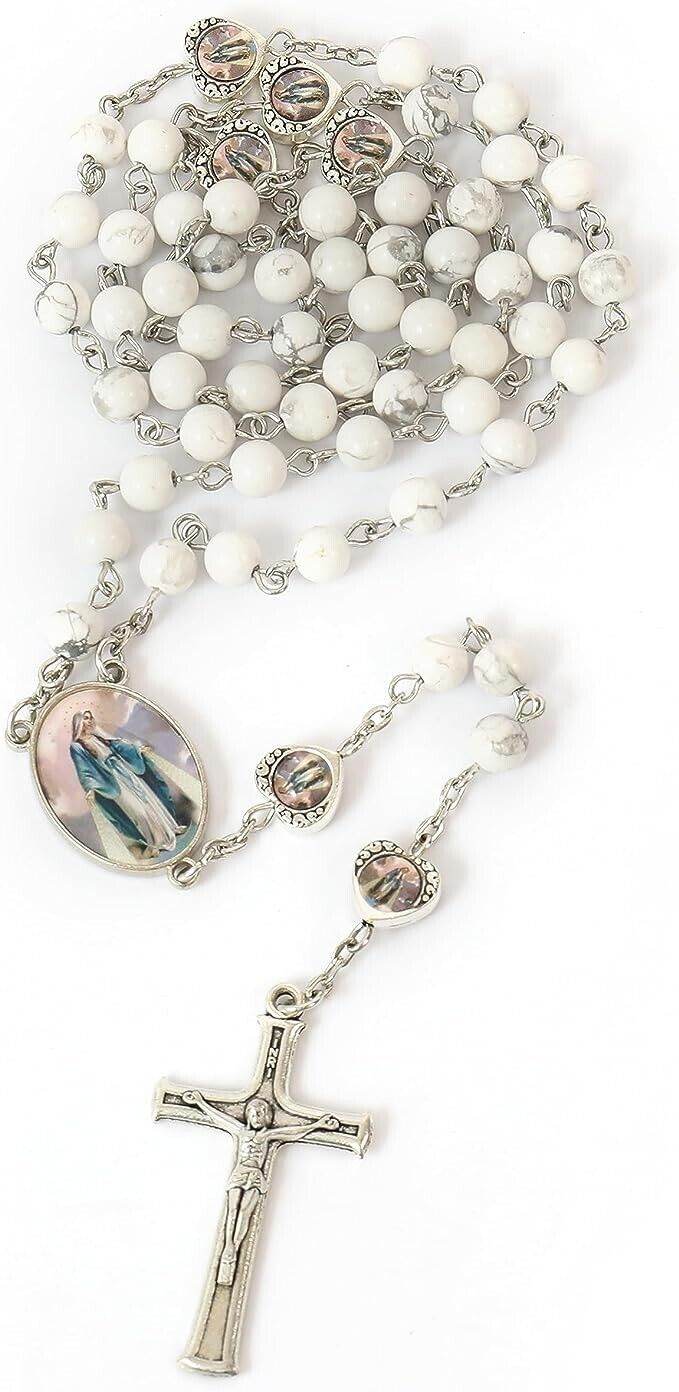 Howlite Stone Beads Rosary Necklace with Miraculous Epoxy Heart Metal Beads - Nazareth Store