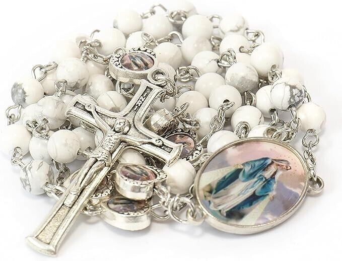 Howlite Stone Beads with Miraculous Epoxy Heart Metal Beads Rosary Necklace Nazareth Store