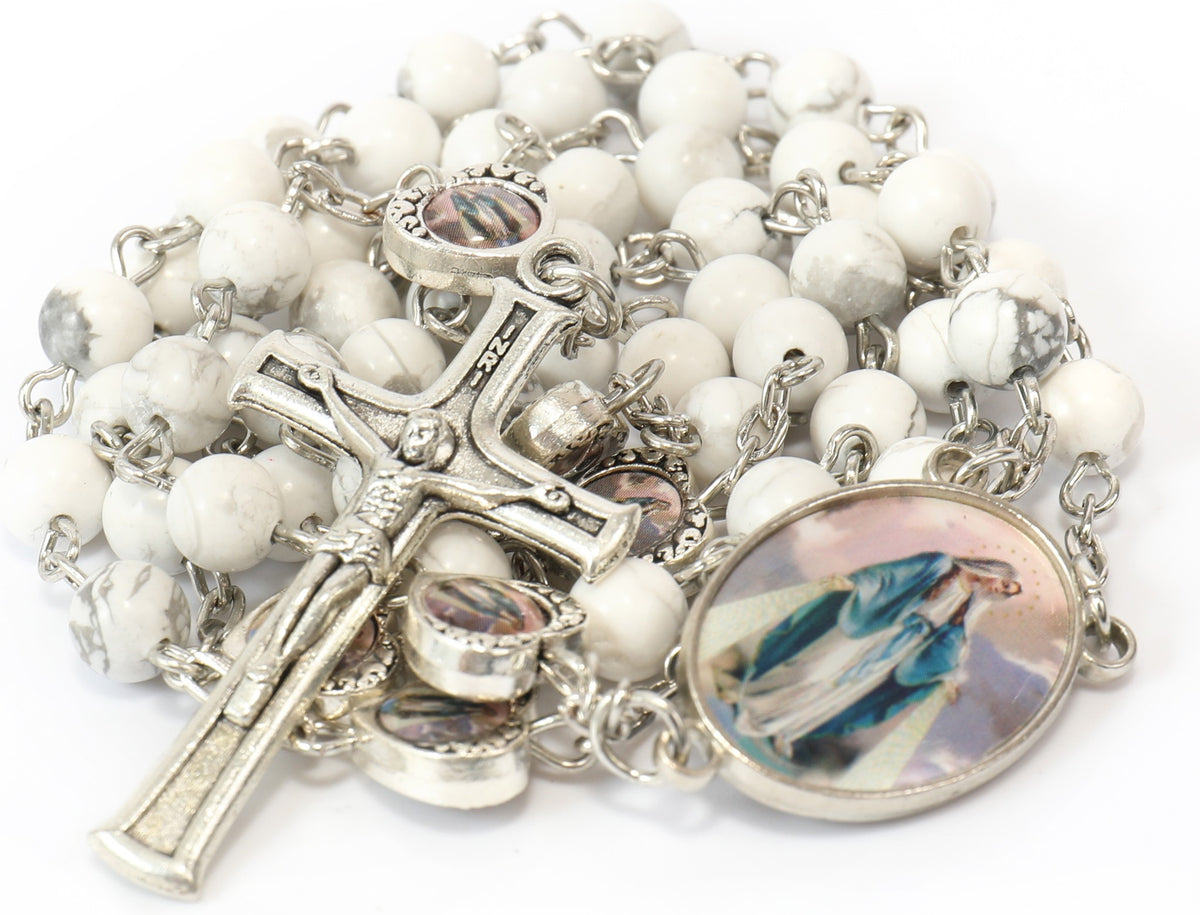 Howlite Stone Beads Rosary Necklace with Miraculous Epoxy Heart Metal Beads - Nazareth Store