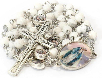 Howlite Stone Beads Rosary Necklace with Miraculous Epoxy Heart Metal Beads - Nazareth Store