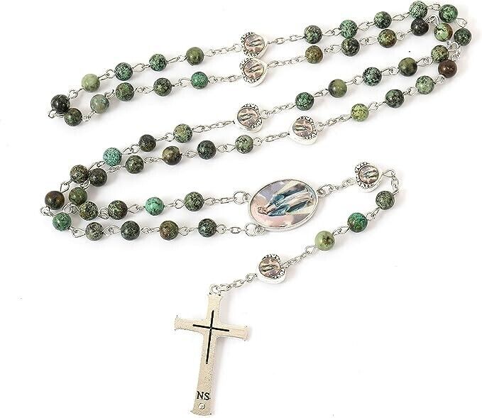 Jasper Stone Beads with Miraculous Epoxy Heart Metal Beads Rosary Necklace Nazareth Store