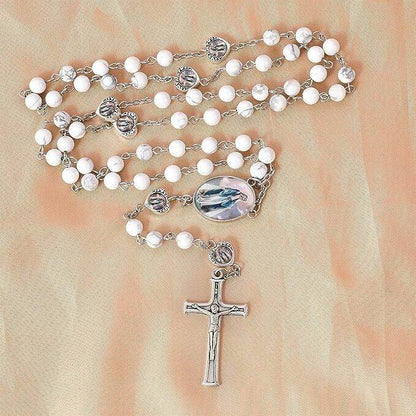 Howlite Stone Beads Rosary Necklace with Miraculous Epoxy Heart Metal Beads - Nazareth Store