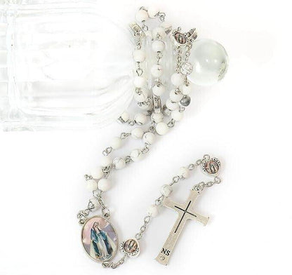 Howlite Stone Beads Rosary Necklace with Miraculous Epoxy Heart Metal Beads - Nazareth Store