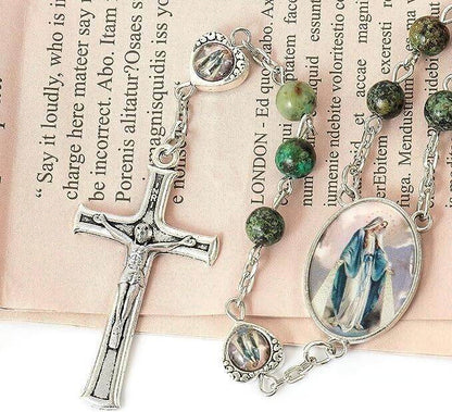 African Jasper Stone Beads Rosary Necklace with Miraculous Epoxy Heart Metal Beads - Nazareth Store