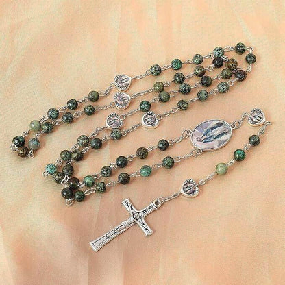 African Jasper Stone Beads Rosary Necklace with Miraculous Epoxy Heart Metal Beads - Nazareth Store