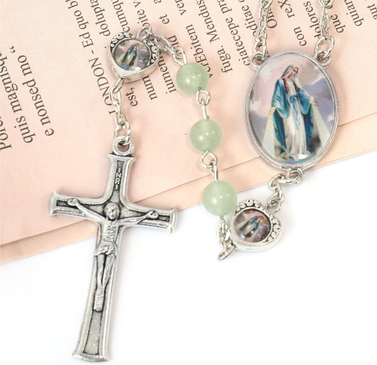 Aventurine Beads Rosary Necklace with Miraculous Epoxy Heart Metal Beads - Nazareth Store