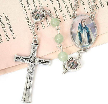 Aventurine Beads Rosary Necklace with Miraculous Epoxy Heart Metal Beads - Nazareth Store