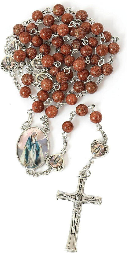 Gold Sandstones Beads Rosary Miraculous Epoxy Heart Metal Beads Necklace - Nazareth Store