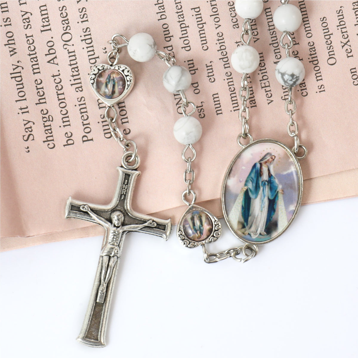 Howlite Stone Beads Rosary Necklace with Miraculous Epoxy Heart Metal Beads - Nazareth Store