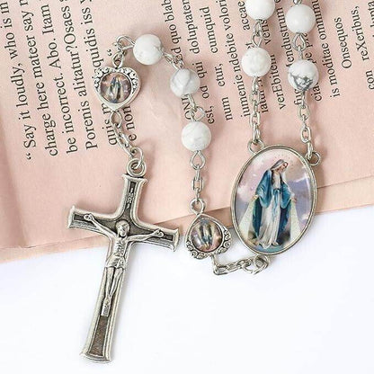Howlite Stone Beads Rosary Necklace with Miraculous Epoxy Heart Metal Beads - Nazareth Store