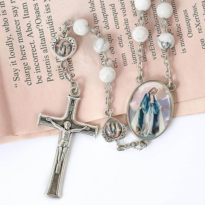 Howlite Stone Beads Rosary Necklace with Miraculous Epoxy Heart Metal Beads - Nazareth Store