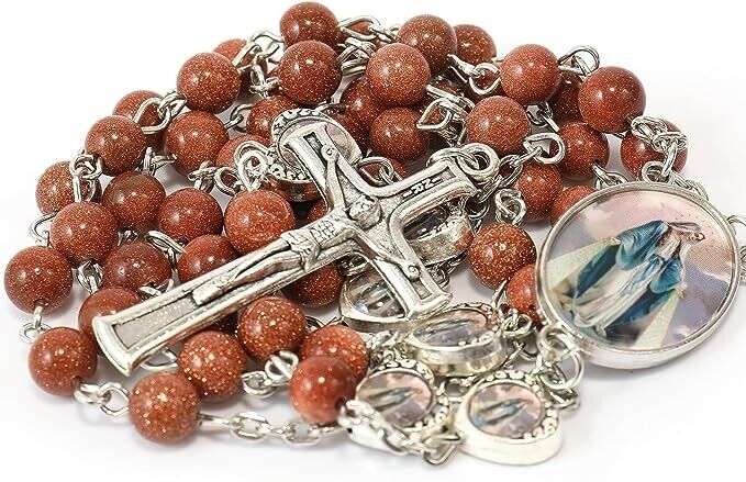 Gold Sandstones Beads with Miraculous Epoxy Heart Metal Beads Rosary Necklace Nazareth Store
