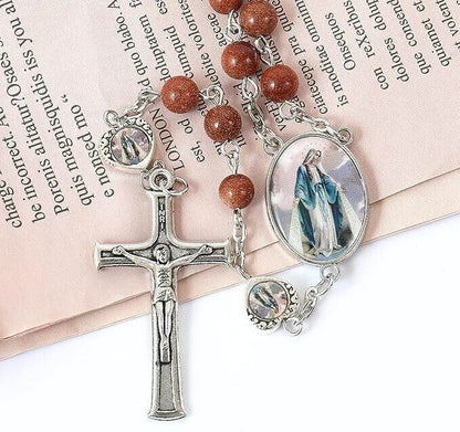 Gold Sandstones Beads Rosary Miraculous Epoxy Heart Metal Beads Necklace - Nazareth Store