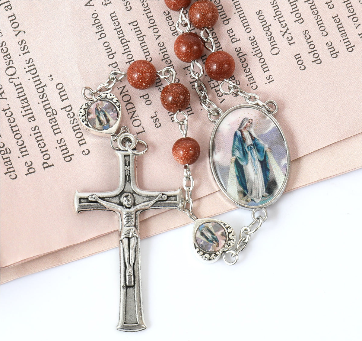 Gold Sandstones Beads Rosary Miraculous Epoxy Heart Metal Beads Necklace - Nazareth Store