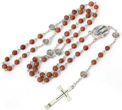Gold Sandstones Beads Rosary Miraculous Epoxy Heart Metal Beads Necklace - Nazareth Store