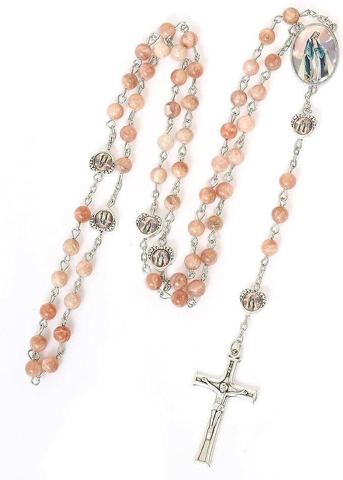 Sunstones Beads with Miraculous Epoxy Heart Metal Beads Rosary Necklace Nazareth Store