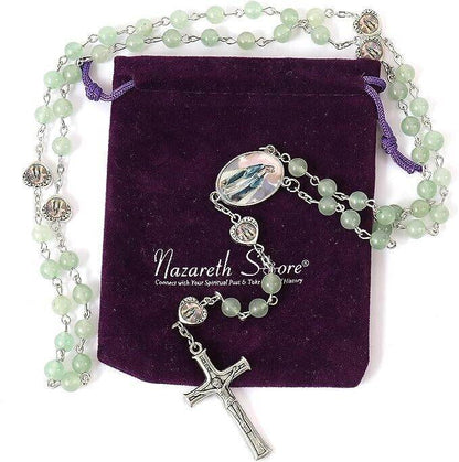 Aventurine Beads Rosary Necklace with Miraculous Epoxy Heart Metal Beads - Nazareth Store