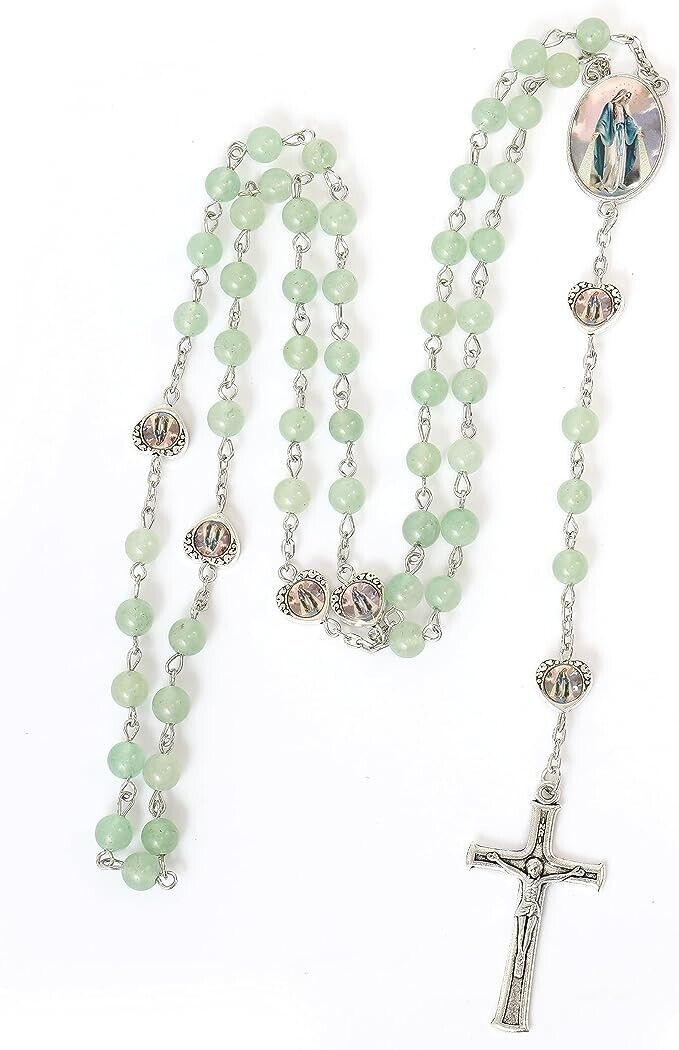 Aventurine Beads Rosary Necklace with Miraculous  Epoxy Heart Metal Beads Nazareth Store