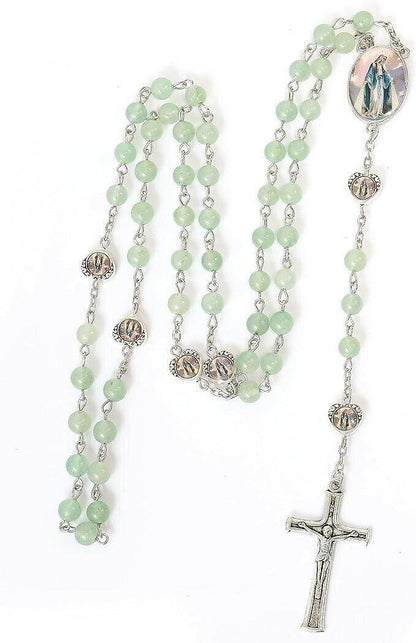 Aventurine Beads Rosary Necklace with Miraculous Epoxy Heart Metal Beads - Nazareth Store