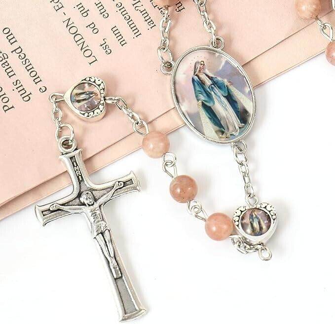 Sunstone Beads Rosary Necklace with Miraculous Epoxy Heart Metal Beads Necklace - Nazareth Store