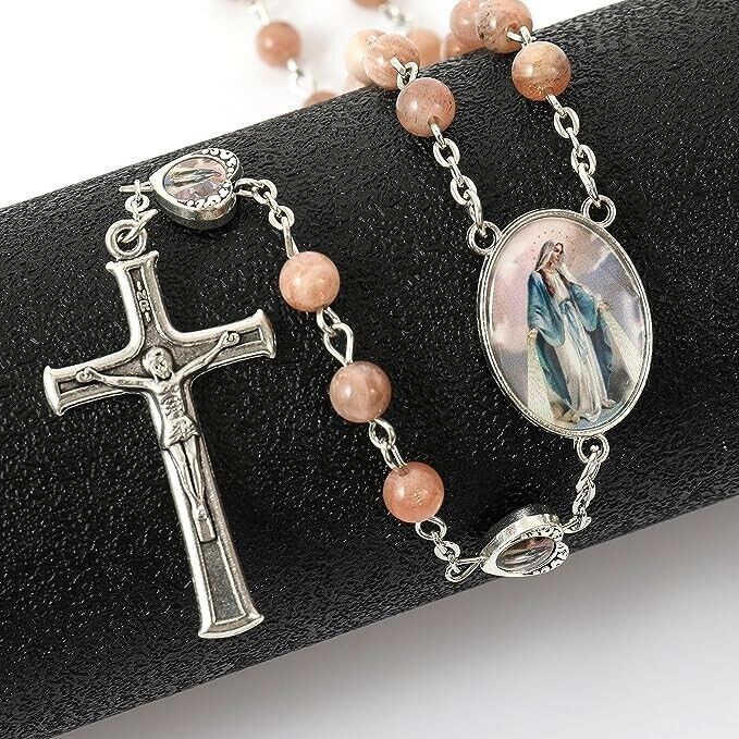 Natural Sunstones Beads with Miraculous Epoxy Heart Metal Beads Rosary Necklace Nazareth Store