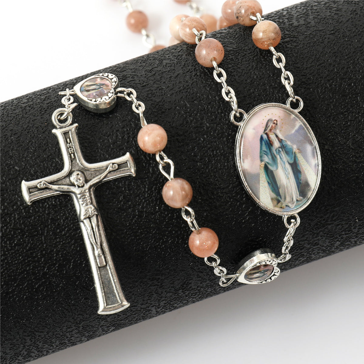 Sunstone Beads Rosary Necklace with Miraculous Epoxy Heart Metal Beads Necklace - Nazareth Store