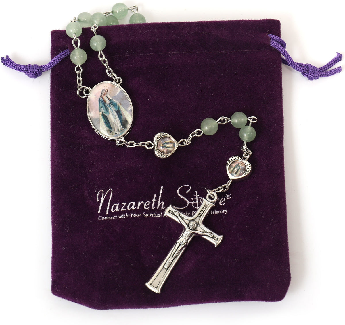 Aventurine Beads Rosary Necklace with Miraculous Epoxy Heart Metal Beads - Nazareth Store