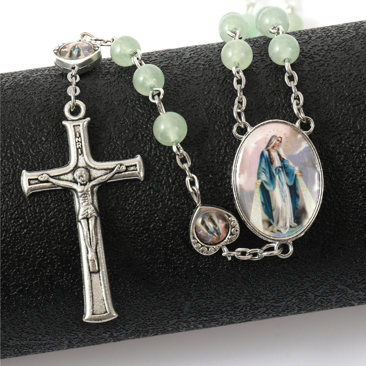Aventurine Beads Rosary Necklace with Miraculous Epoxy Heart Metal Beads - Nazareth Store