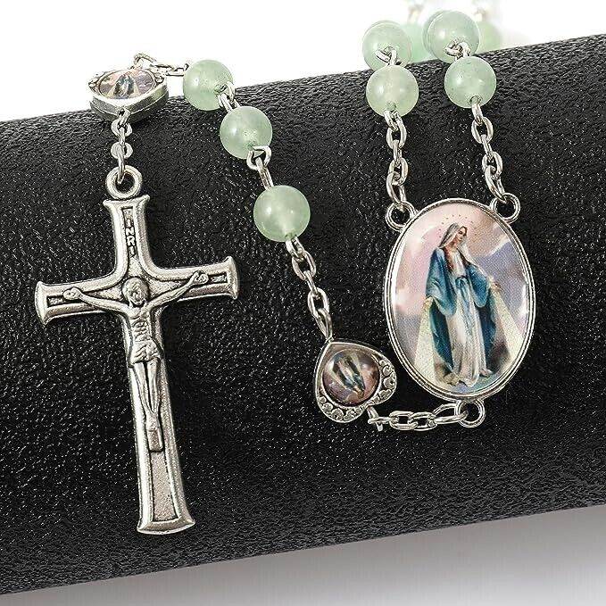Aventurine Beads Rosary Necklace with Miraculous Epoxy Heart Metal Beads - Nazareth Store