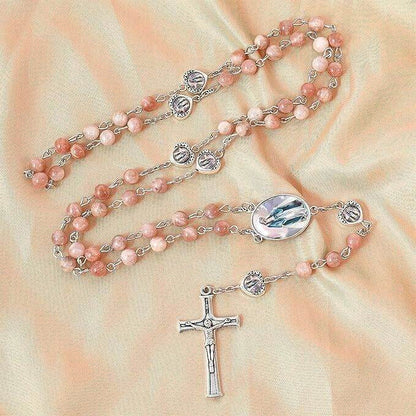 Sunstone Beads Rosary Necklace with Miraculous Epoxy Heart Metal Beads Necklace - Nazareth Store