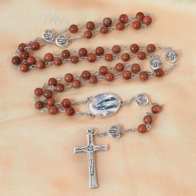 Gold Sandstones Beads with Miraculous Epoxy Heart Metal Beads Rosary Necklace Nazareth Store