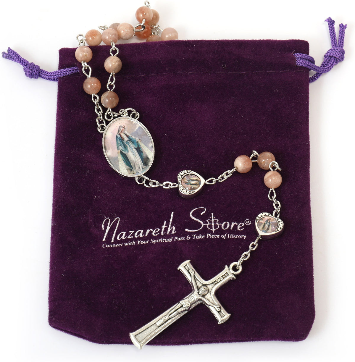 Sunstone Beads Rosary Necklace with Miraculous Epoxy Heart Metal Beads Necklace - Nazareth Store