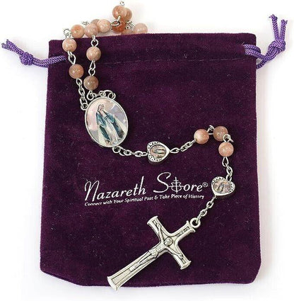 Sunstone Beads Rosary Necklace with Miraculous Epoxy Heart Metal Beads Necklace - Nazareth Store