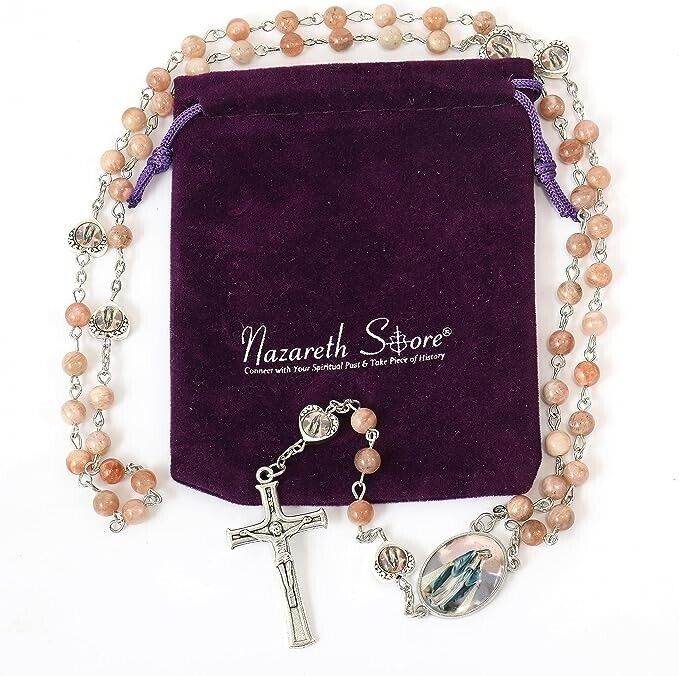 Sunstone Beads Rosary Necklace with Miraculous Epoxy Heart Metal Beads Necklace - Nazareth Store