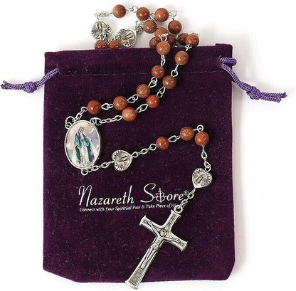 Gold Sandstones Beads Rosary Miraculous Epoxy Heart Metal Beads Necklace - Nazareth Store