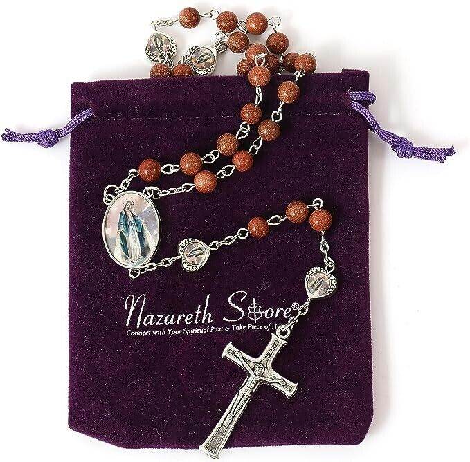 Gold Sandstones Beads Rosary Miraculous Epoxy Heart Metal Beads Necklace - Nazareth Store