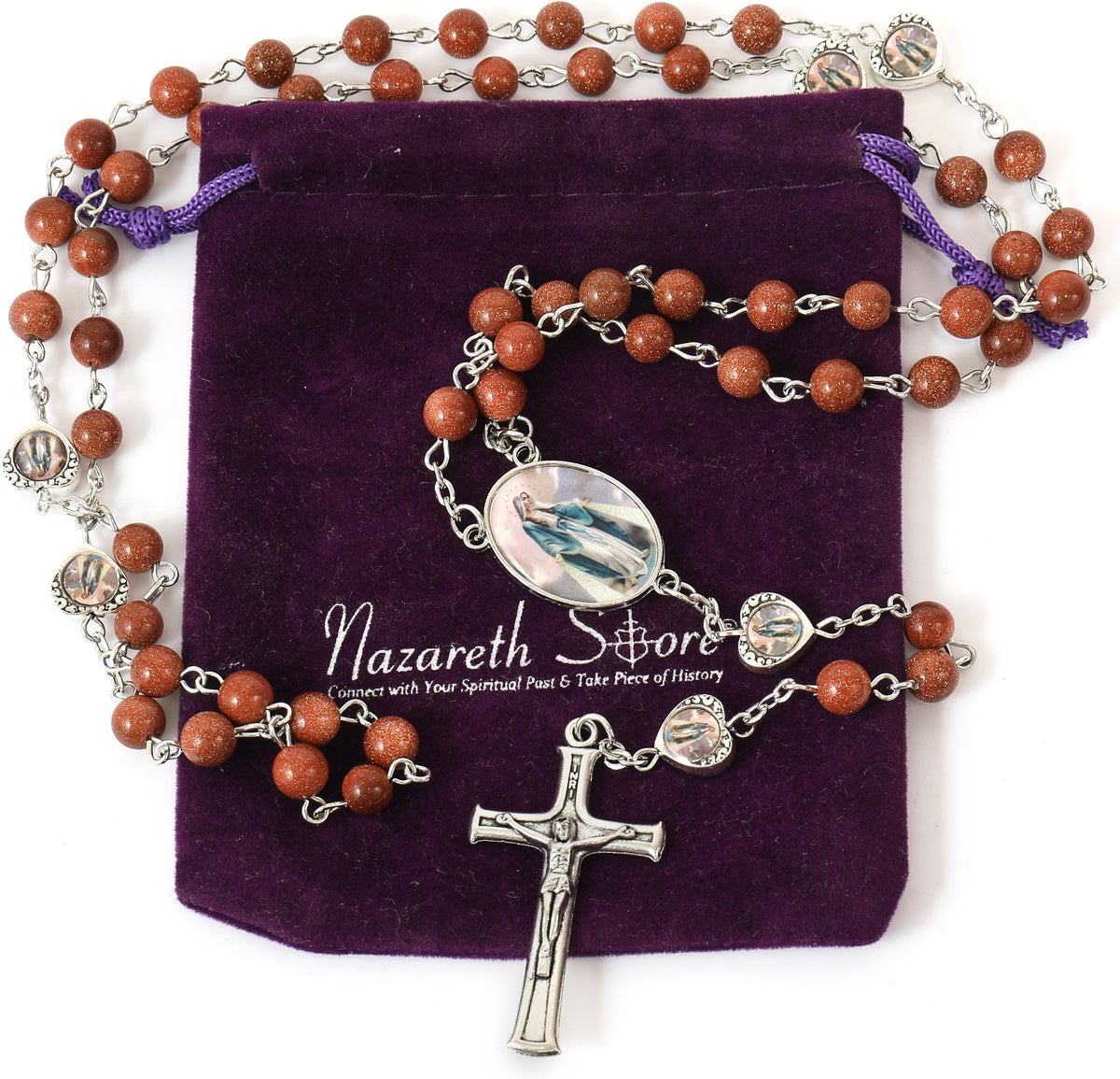 Gold Sandstones Beads Rosary Miraculous Epoxy Heart Metal Beads Necklace - Nazareth Store
