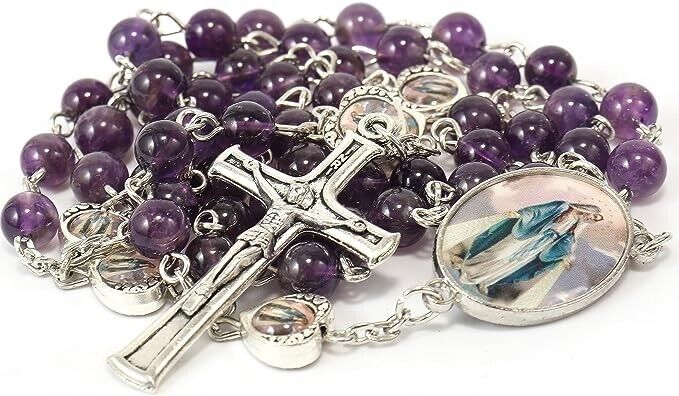 Rosary Necklace with Amethyst Stone Beads and Miraculous Epoxy Heart Metal Beads Nazareth Store