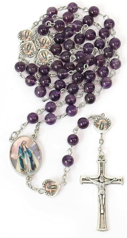 Rosary Necklace with Amethyst Stone Beads and Miraculous Epoxy Heart Metal Beads - Nazareth Store