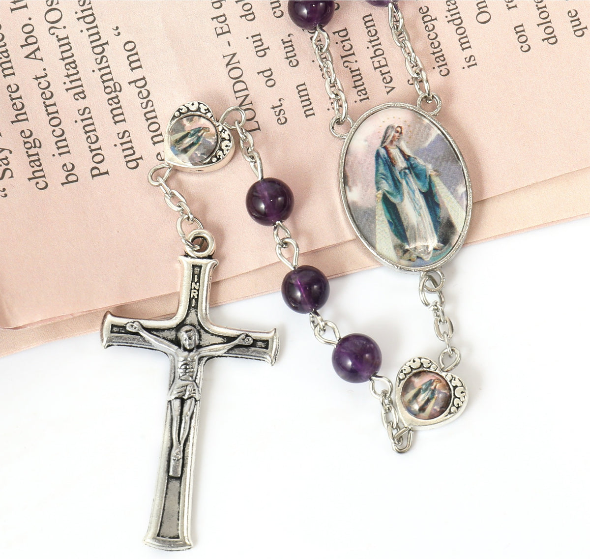 Rosary Necklace with Amethyst Stone Beads and Miraculous Epoxy Heart Metal Beads - Nazareth Store