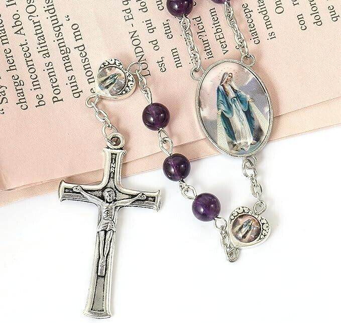 Rosary Necklace with Amethyst Stone Beads and Miraculous Epoxy Heart Metal Beads - Nazareth Store