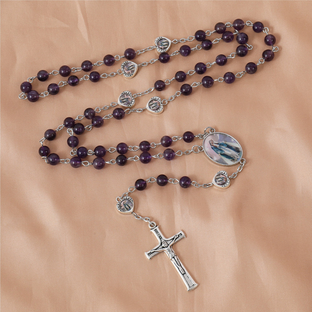 Rosary Necklace with Amethyst Stone Beads and Miraculous Epoxy Heart Metal Beads - Nazareth Store