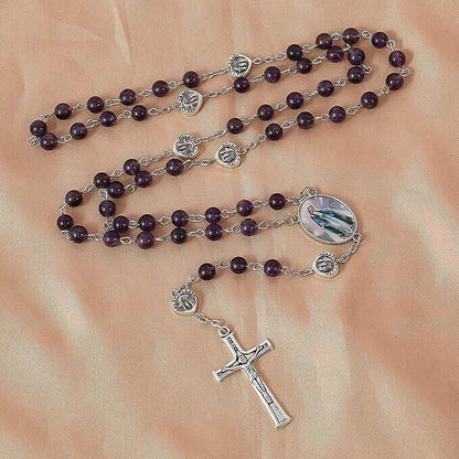 Rosary Necklace with Amethyst Stone Beads and Miraculous Epoxy Heart Metal Beads - Nazareth Store