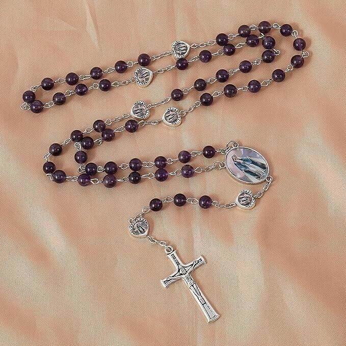 Rosary Necklace with Amethyst Stone Beads and Miraculous Epoxy Heart Metal Beads - Nazareth Store