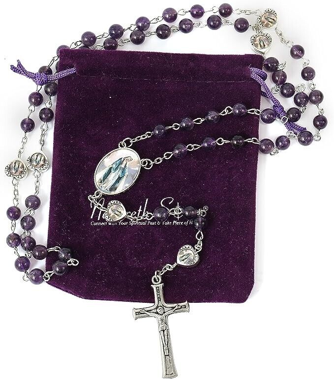 Amesthyst Stone Beads with Miraculous Epoxy Heart Metal Beads Rosary Necklace Nazareth Store