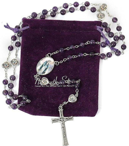 Rosary Necklace with Amethyst Stone Beads and Miraculous Epoxy Heart Metal Beads - Nazareth Store