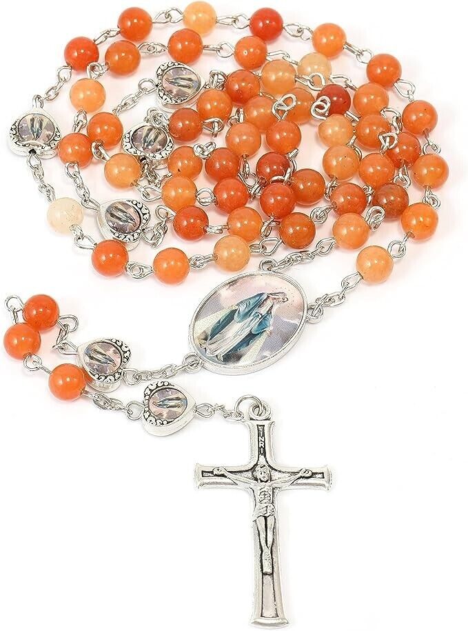 Red Aventurine Beads with Miraculous Epoxy Heart Metal Beads Rosary Necklace Nazareth Store