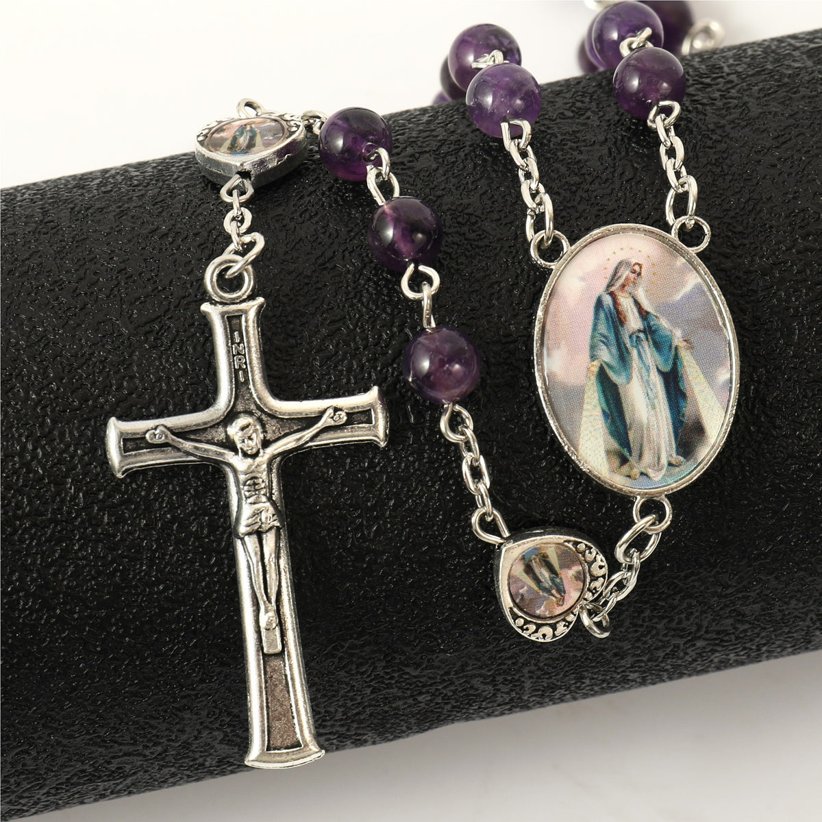 Rosary Necklace with Amethyst Stone Beads and Miraculous Epoxy Heart Metal Beads - Nazareth Store